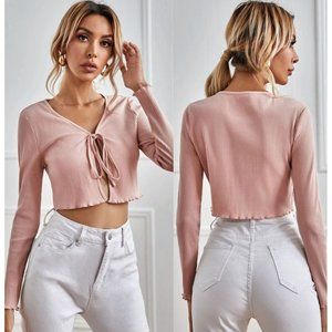 SHEIN Pink Ribbed Knit Cropped Top SMALL Lettuce Trim Long sleeve Tie Basic